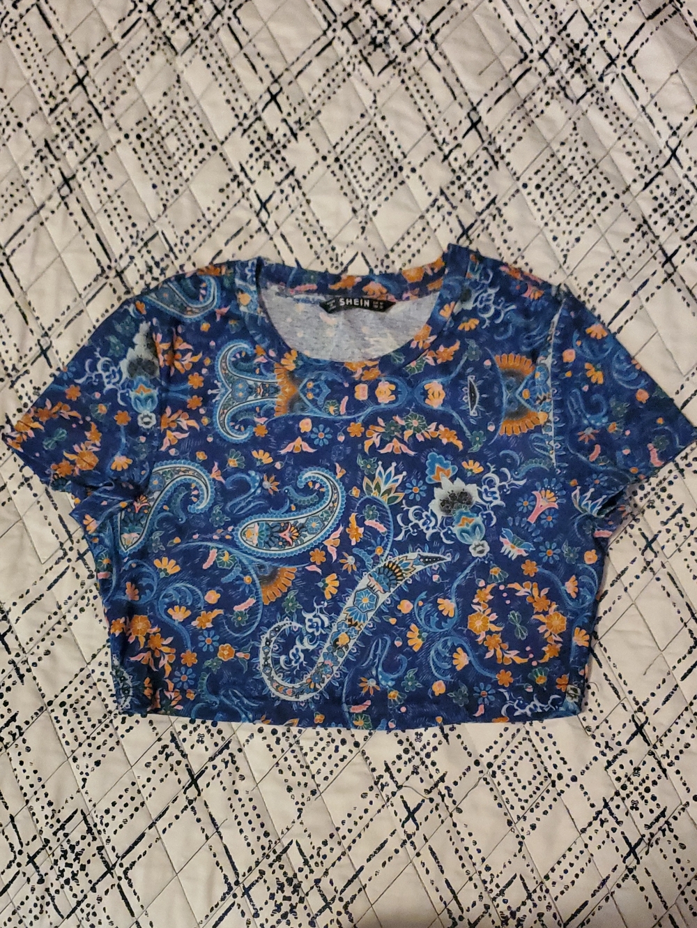 Blue & Orange Paisley Floral Mesh Crop Tee